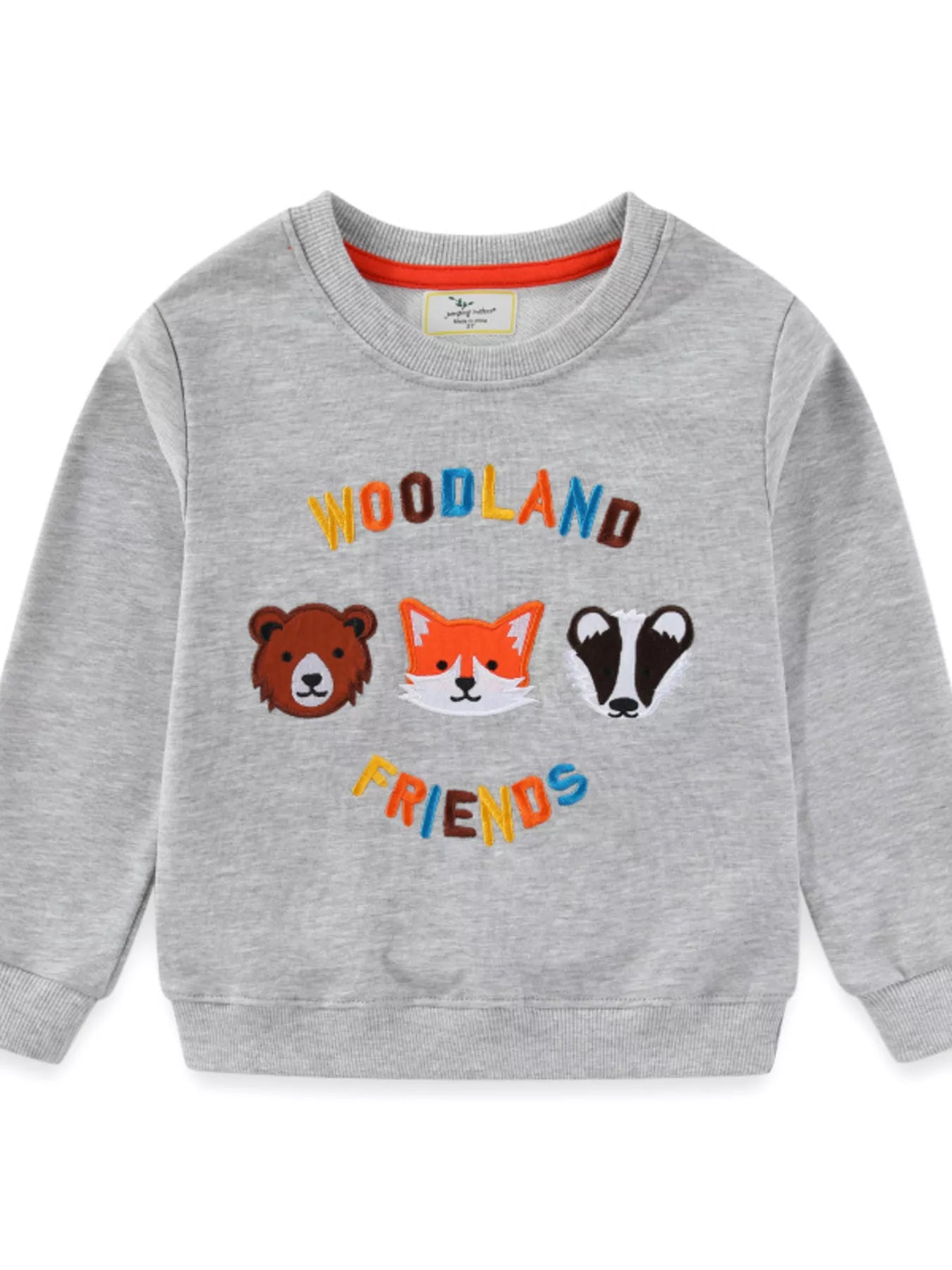 Gray baby sweatshirt with embroidered woodland animals and text.