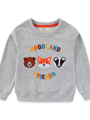 Gray baby sweatshirt with embroidered woodland animals and text.