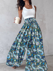 Bohemian print wide-leg pants in Royal Blue with smocked waist detail