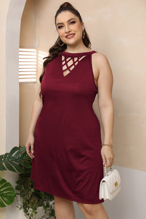 Wine crisscross neckline trapeze mini dress with a sleeveless cut.