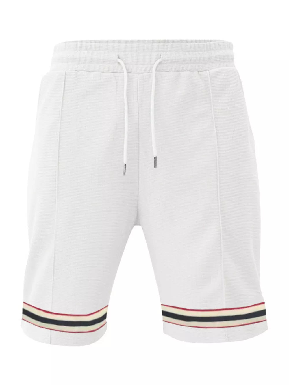 White textured knit drawstring shorts with striped hem detail.