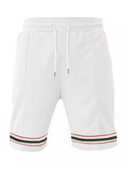 White textured knit drawstring shorts with striped hem detail.