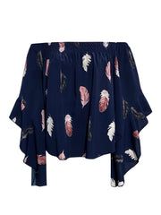 Dark blue off-shoulder blouse with feather print and flounce sleeves.