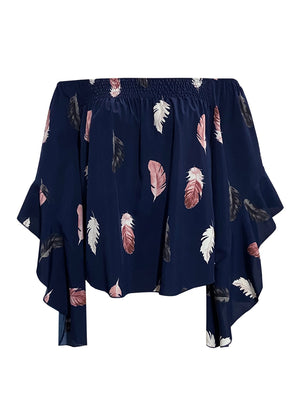 Dark blue off-shoulder blouse with feather print and flounce sleeves.