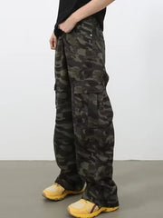Camo print wide-leg cargo jeans with multiple pockets.