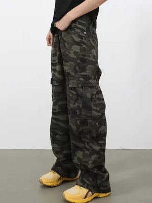 Camo print wide-leg cargo jeans with multiple pockets.