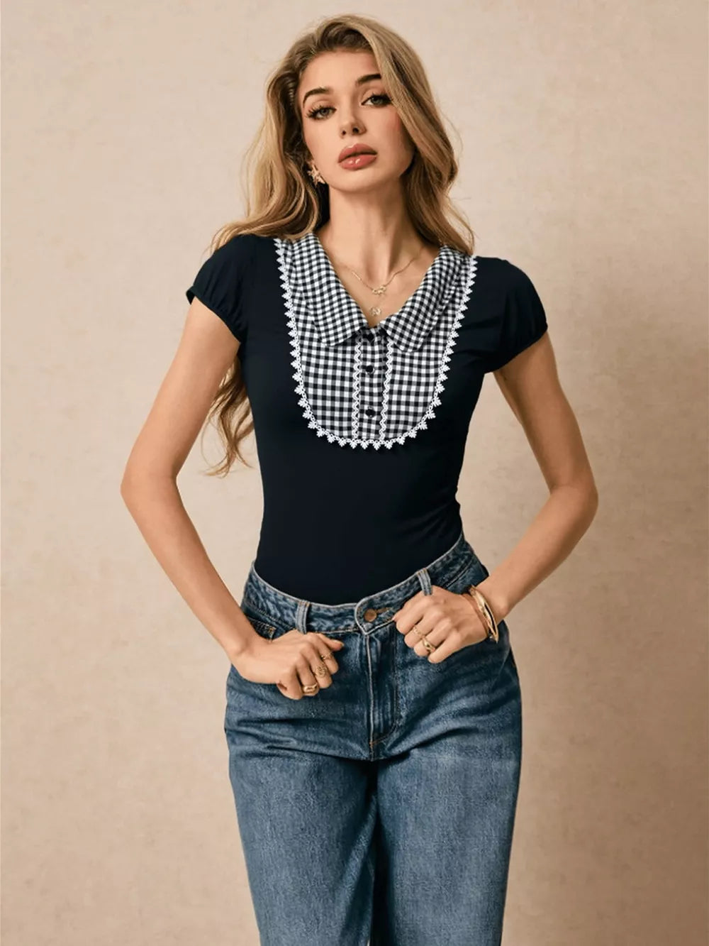 Black maternity shirt with gingham collar and lace trim