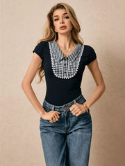 Black maternity shirt with gingham collar and lace trim