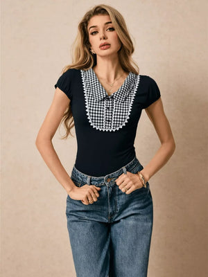 Black maternity shirt with gingham collar and lace trim