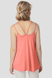 Double strap trapeze cami in coral pink, with a V-back detail.