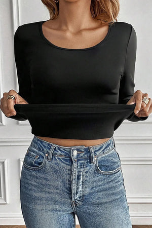 Black long sleeve thermal top with scoop neck, showing soft interior fabric.