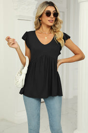 Black ribbed empire top with V-neck and flutter sleeves, cinched under bust