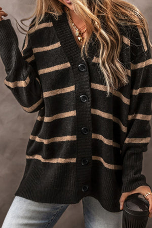 Chunky stripe button-down cardigan in black and beige acrylic with a V-neck and button closure.