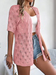 Watermelon pink open-knit short sleeve cardigan with leaf motif pattern and V-neck.