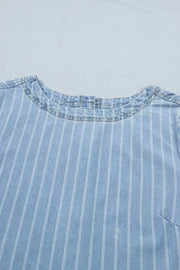 Light blue denim mini dress with white vertical stripes and a crew neck.
