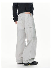 Men's light gray relaxed fit cargo sweatpants with adjustable drawstring cuffs.