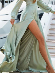Sage surplice maxi dress with high slit and defined waist, long sleeves