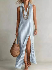 Full Size Striped Maxi Dress With High Slit in Red, front view