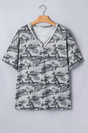 Camouflage v-neck relaxed tee with short sleeves and a grey camo print.