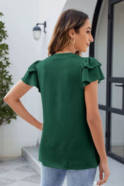 Dark Green textured V-neck blouse with flutter sleeves.