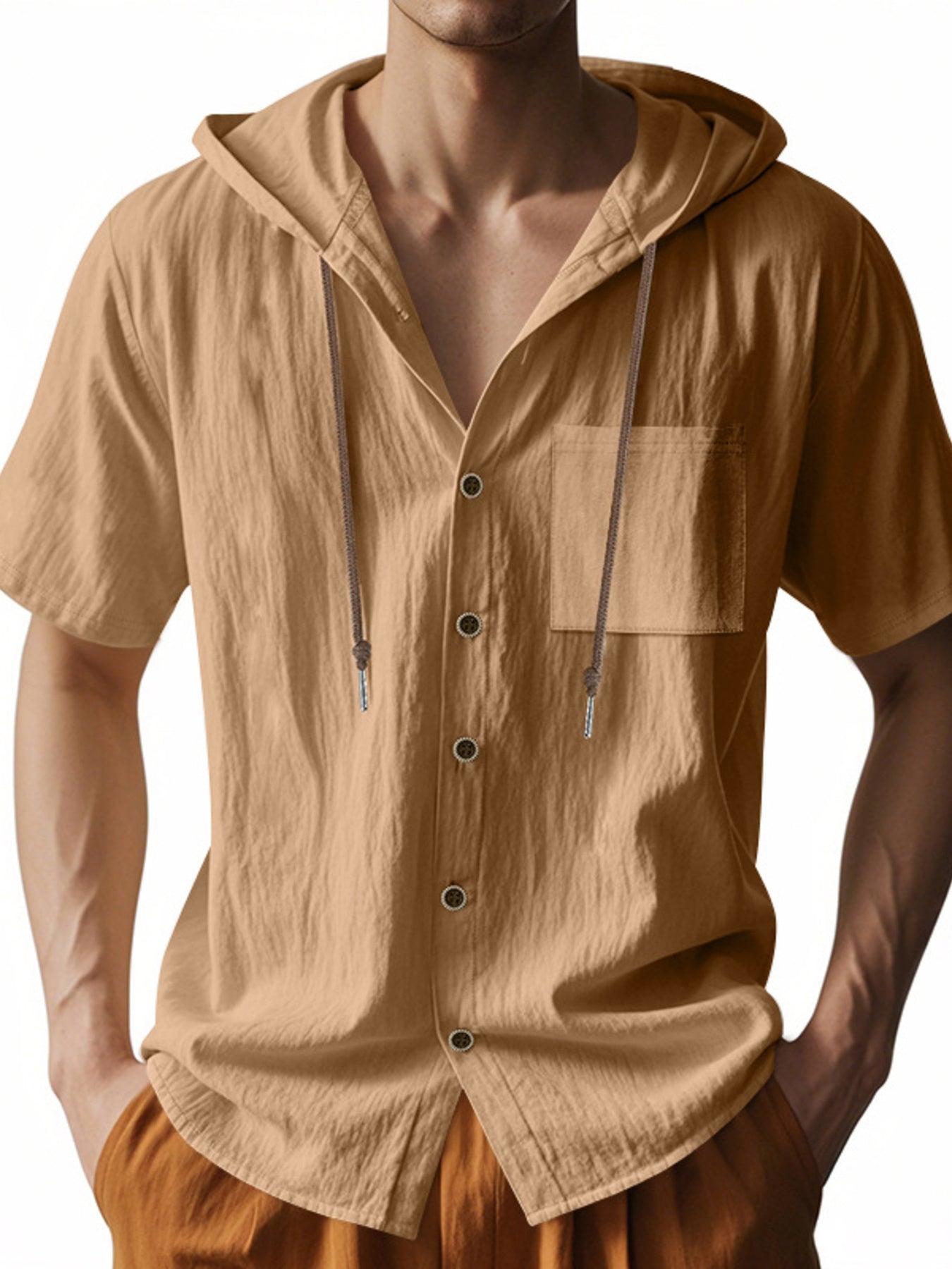 Men's tan hooded button-down shirt with short sleeves, chest pocket, and drawstring details.