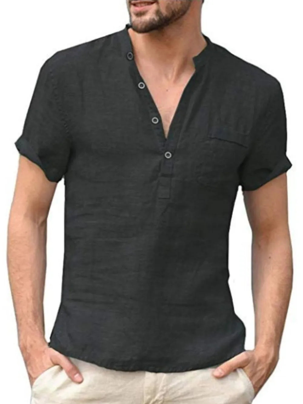 Black linen henley shirt with short sleeves and button placket.