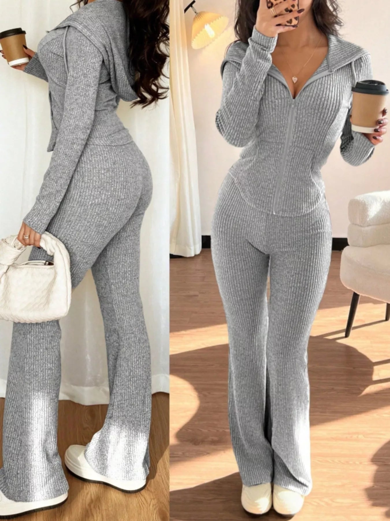 Light gray ribbed zip-up hooded set with flared pants.