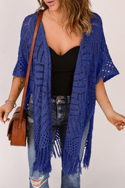 Dark Blue open knit chevron fringe cardigan with short sleeves and open front.