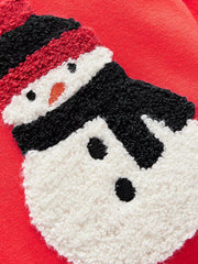 Red crew neck sweatshirt with embroidered snowman detail