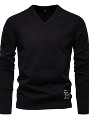 Black V-neck ribbed knit sweater with long sleeves and a small logo tag detail.