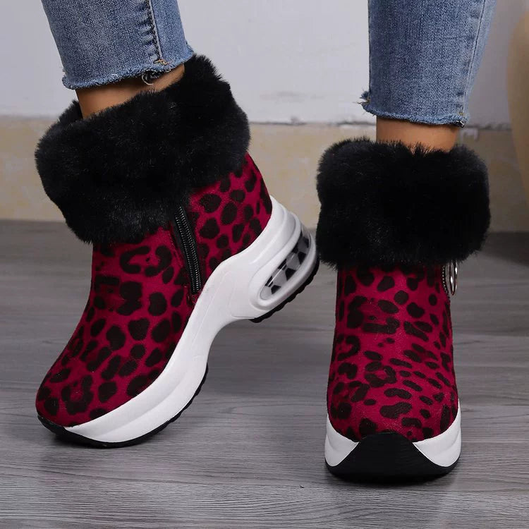 Plush leopard print ankle boots with side zipper and air cushion sole in burgundy.