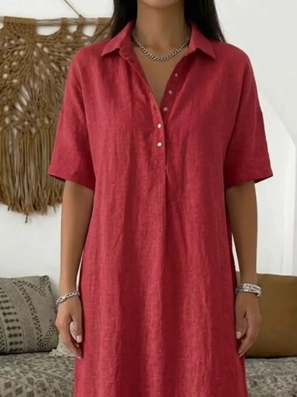 Full Size Button Detail Half Sleeve Dress Plus Size, alternate angle