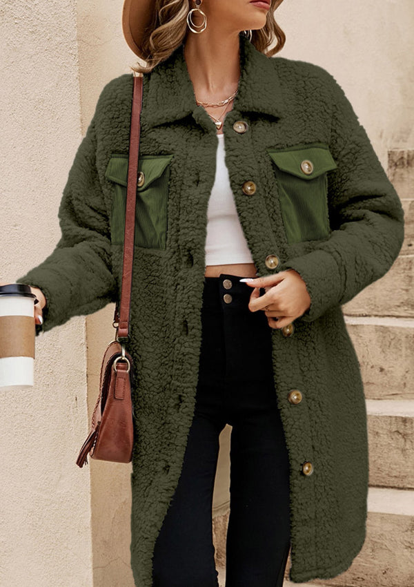Army green sherpa coat with corduroy patch pockets and button front.