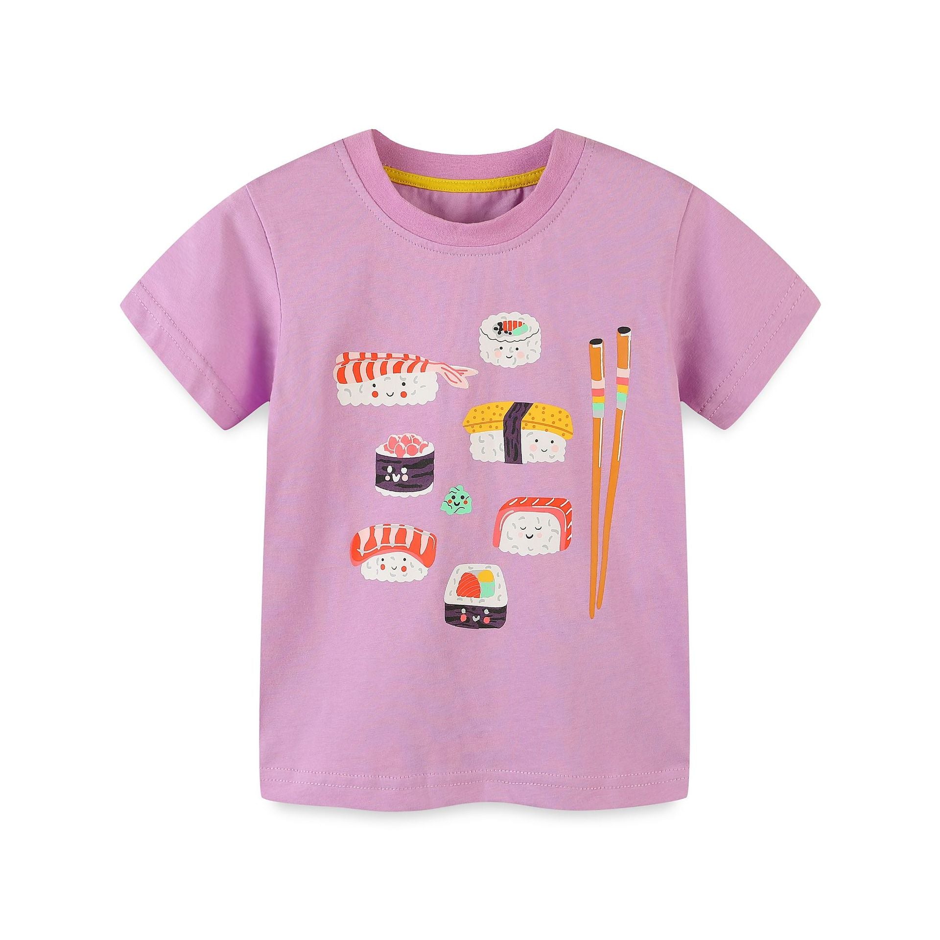Lilac cotton t-shirt with playful cartoon sushi print and chopsticks detail.