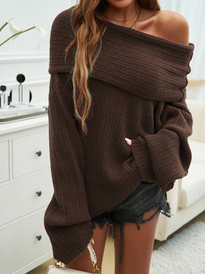 Chocolate ribbed knit off-the-shoulder sweater with wide sleeves.