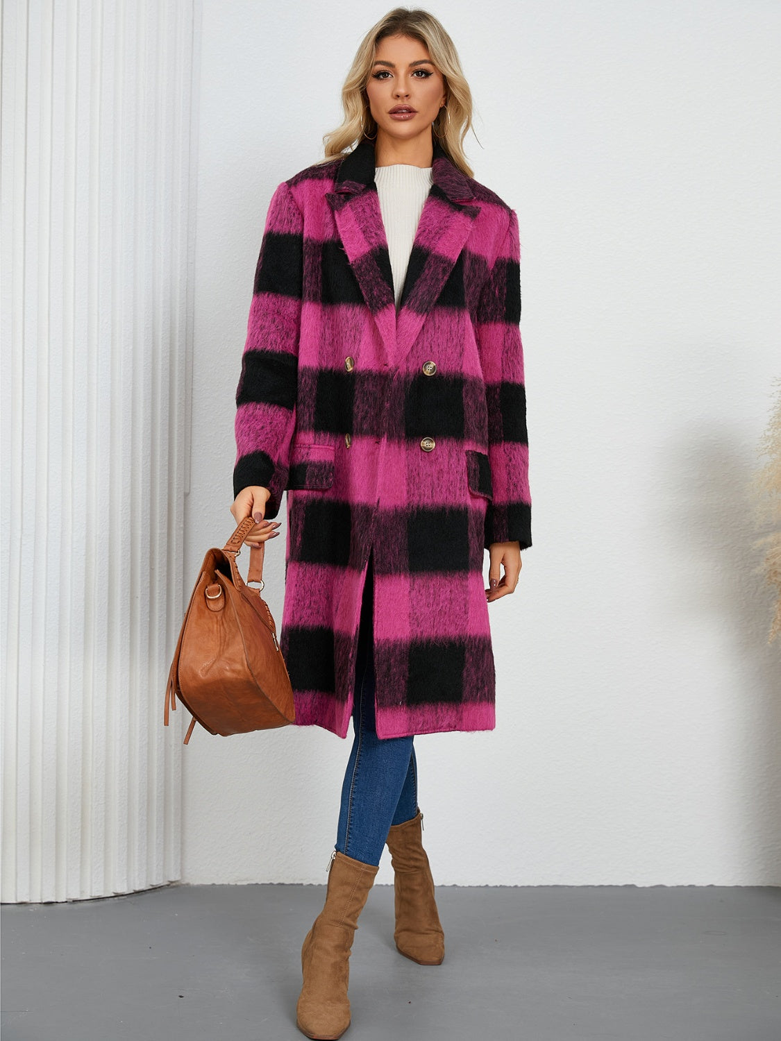 Checked plaid double-breasted cocoon coat in hot pink and black with gold buttons.
