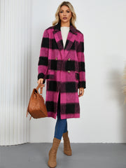 Checked plaid double-breasted cocoon coat in hot pink and black with gold buttons.