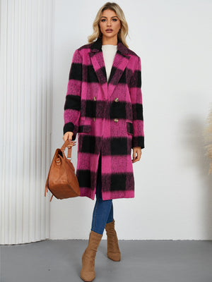 Checked plaid double-breasted cocoon coat in hot pink and black with gold buttons.