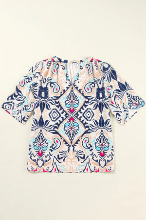Paisley print ivory blouse with slit sleeves and V-neck