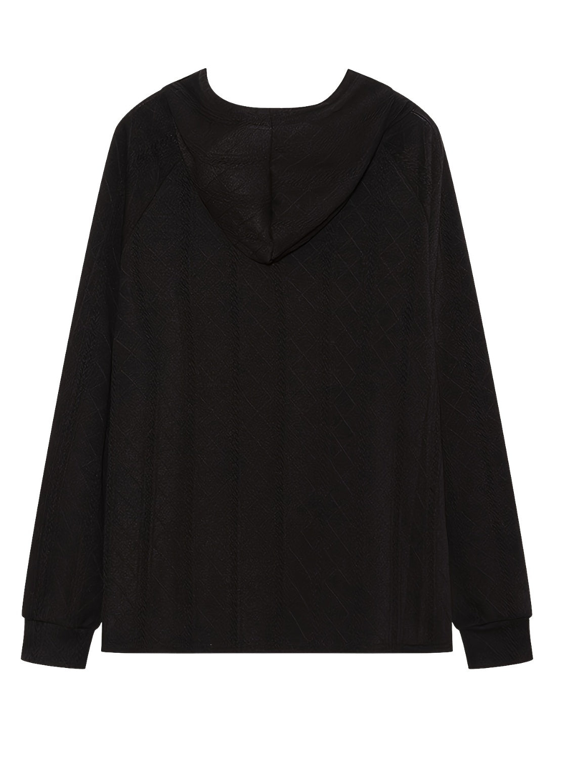 Black textured knit raglan hoodie with a subtle diagonal pattern.