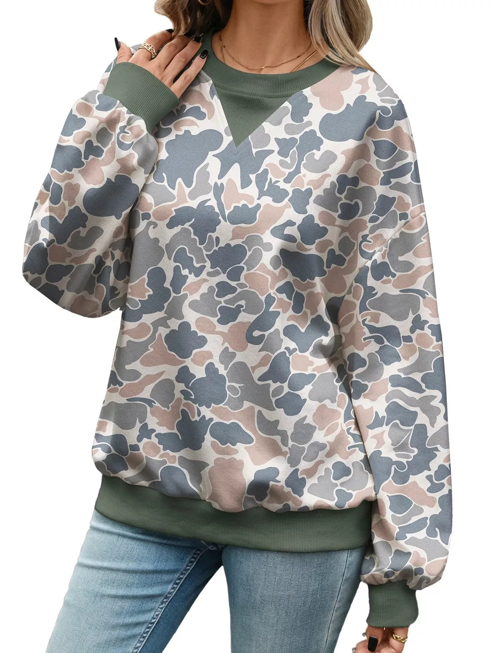 dark grey sweatshirt with ribbed cuffs and bishop sleeve