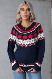 Dark blue acrylic sweater with festive Fair Isle apple motif, crew neck, long sleeves.