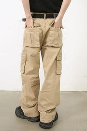Khaki wide-leg cargo pants with multiple utility pockets and a relaxed fit.
