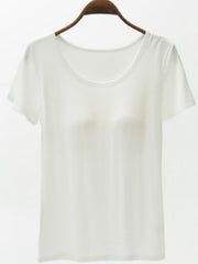 White scoop neck tee with built-in bra detail