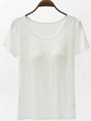 White scoop neck tee with built-in bra detail