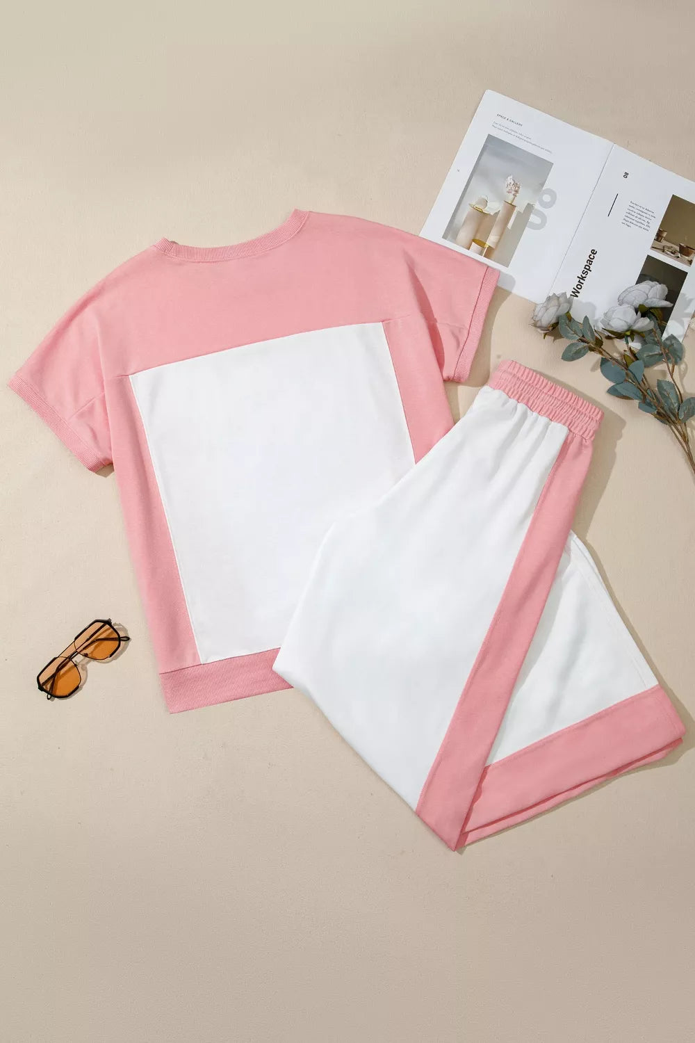 Color block cotton lounge set with pink and white tee and shorts.