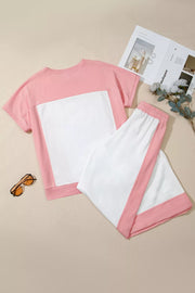 Color block cotton lounge set with pink and white tee and shorts.