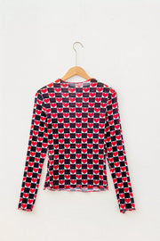 Plaid Heart Mesh Sheer Long Sleeve Top, view 12