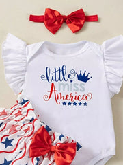 White baby onesie with "little miss America" graphic, ruffled sleeves, star print bloomer shorts, and red bow headband.