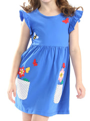 Blue cotton dress with ruffle sleeves, bird and flower appliques, and polka dot pockets.